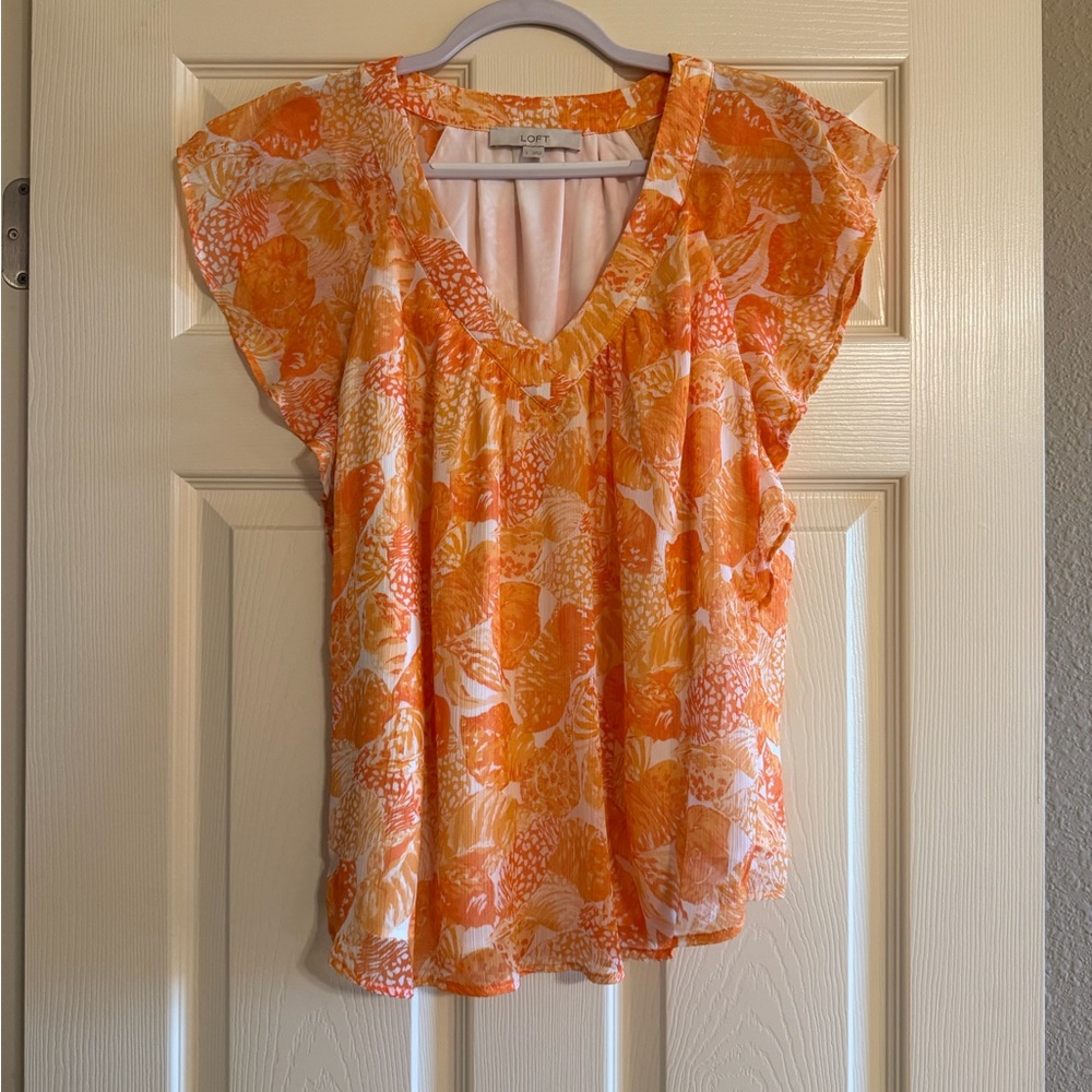 LOFT Orange Ruffled Cap Sleeve Blouse
